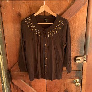 Brown Rhinestone Button-Down Shirt